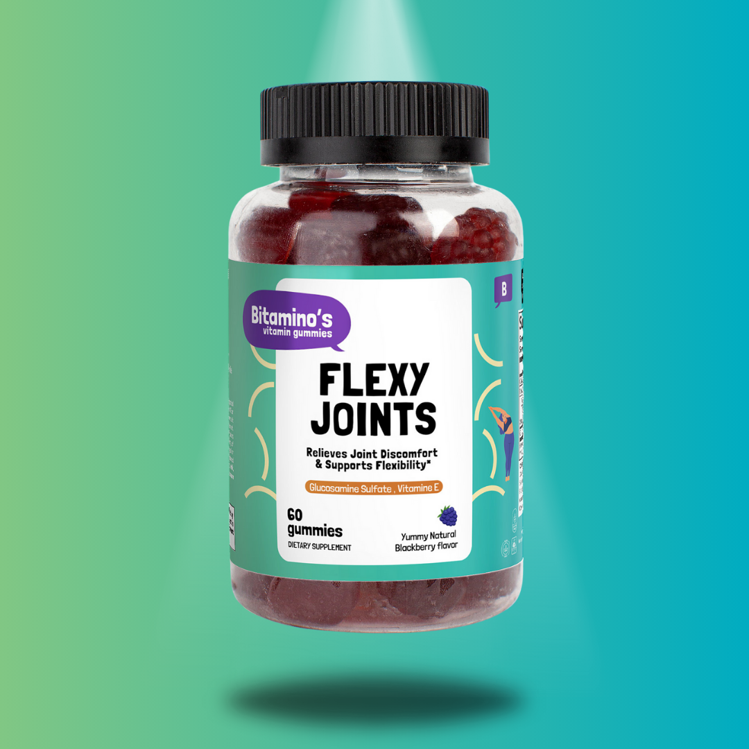 Bitamino's Flexy Joints gummies bottle for joint support, promoting flexibility and mobility with glucosamine and vitamin E.