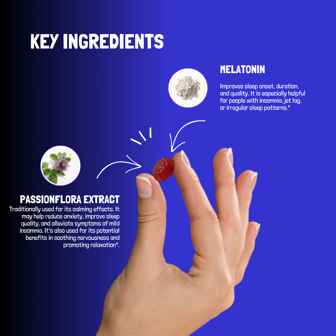 Key ingredients of Sleep Gummies: Melatonin for sleep quality and Passionflower for calming effects, held in a hand.