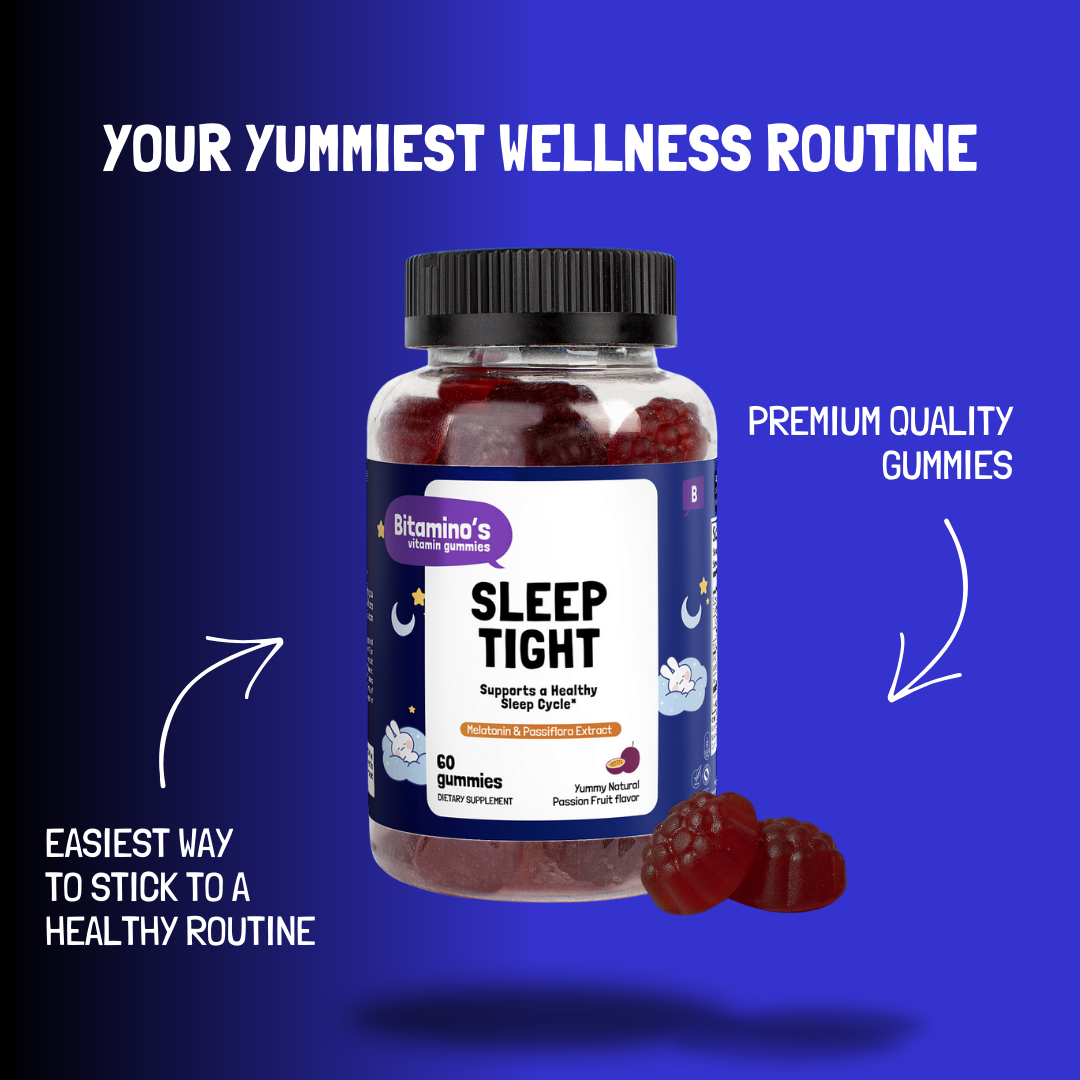 Bitamino's Sleep Tight gummies for restful nights, promoting natural sleep aid for adults in a premium quality formula.