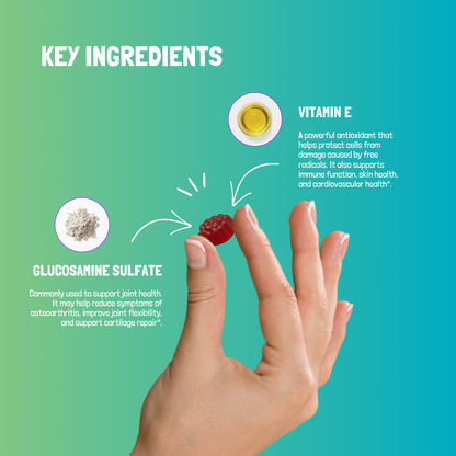 Key ingredients of Bitamino's Flexy Joints gummies: Glucosamine sulfate and Vitamin E for joint support and health.