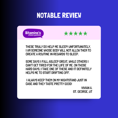 Notable review of Bitamino's vitamin gummies by a customer, praising sleep gummies and ease of use. 5 stars rating.