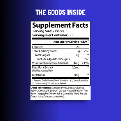 Supplement facts for Bitamino's Flexy Joints Gummies, including calories, sugars, melatonin 2mg, and Passionflower extract.