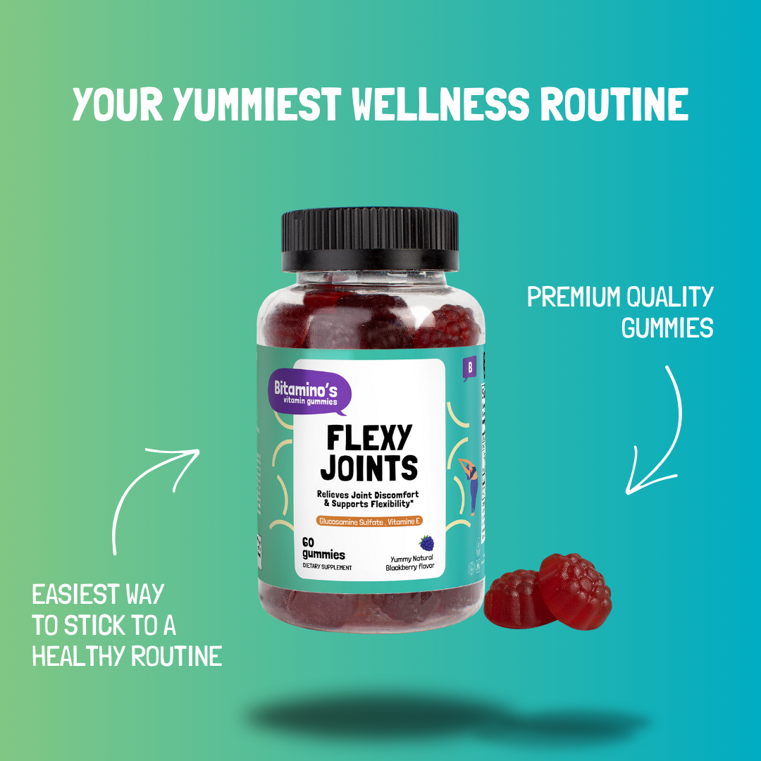 Bitamino's Flexy Joints gummies for joint support, promoting flexibility and mobility in a premium quality formula.