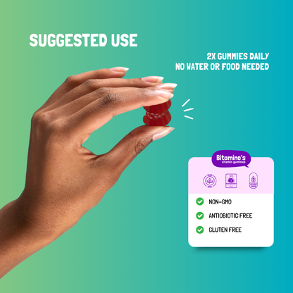 Hand holding Bitamino's Flexy Joints gummy, showing suggested use and benefits: non-GMO, antibiotic-free, gluten-free.