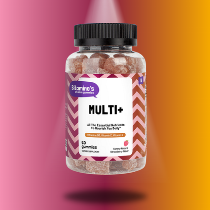 Multivitamin gummies bottle with essential nutrients for adults, featuring vitamin D3 and strawberry flavor.