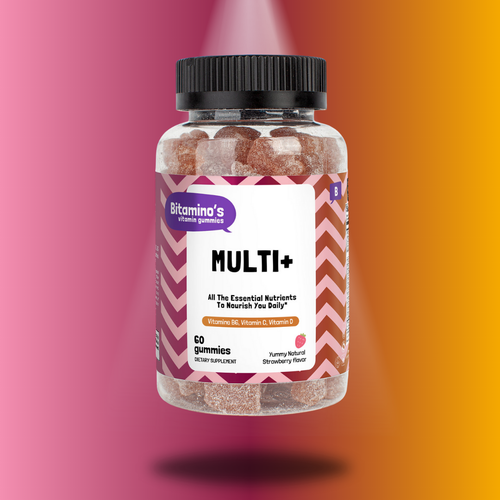 Multivitamin gummies bottle with essential nutrients for adults, featuring vitamin D3 and strawberry flavor.