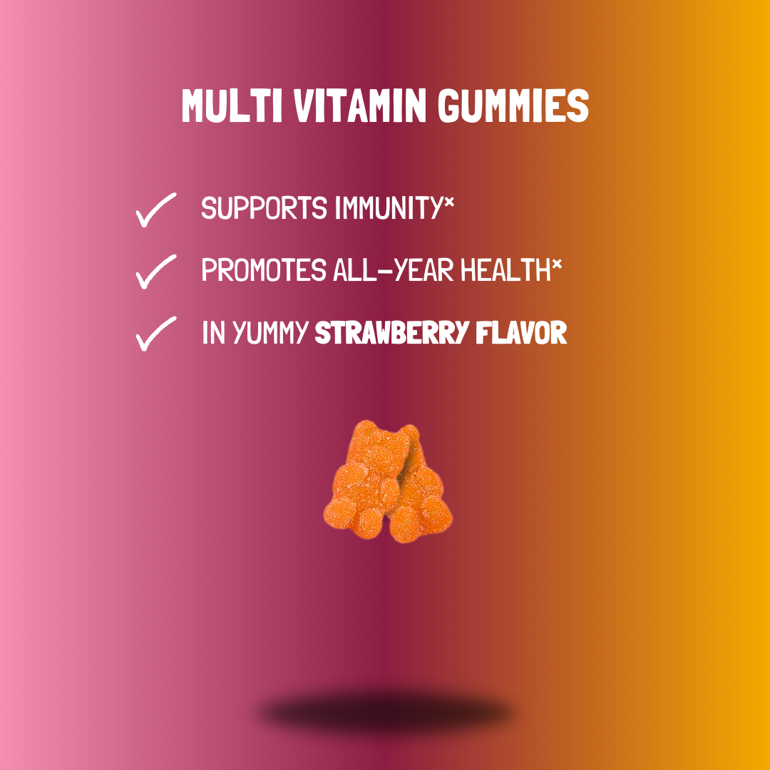 Multivitamin gummies in strawberry flavor, supporting immunity and promoting all-year health for adults.