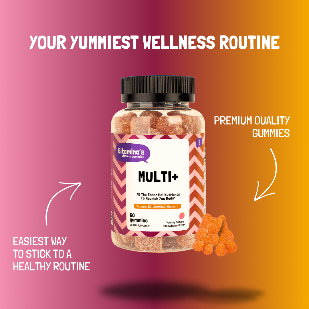 Multivitamin gummies bottle labeled "Multi+" with colorful labeling, highlighting wellness benefits and easy health routine.