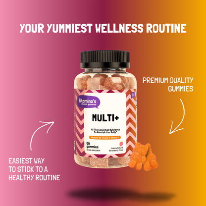 Multivitamin gummies bottle labeled "Multi+" with colorful labeling, highlighting wellness benefits and easy health routine.