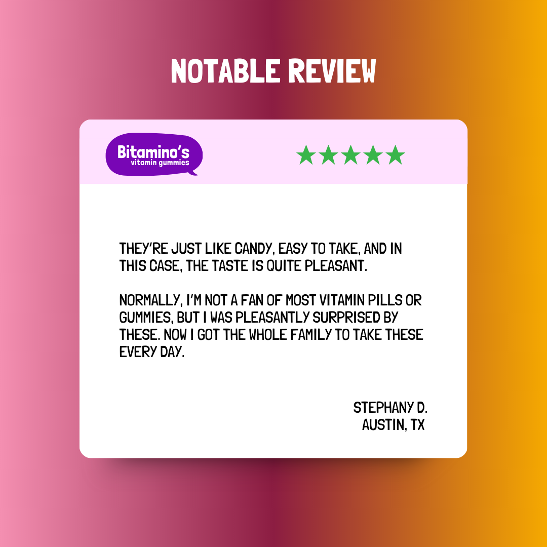 Notable review of Bitamino's vitamin gummies highlighting great taste and ease of use from a satisfied customer.