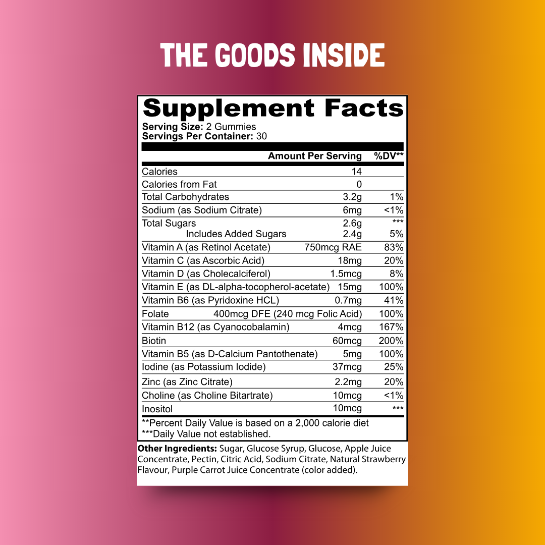 Supplement facts for multivitamin gummies showing nutrients and ingredients for adults' daily health support.