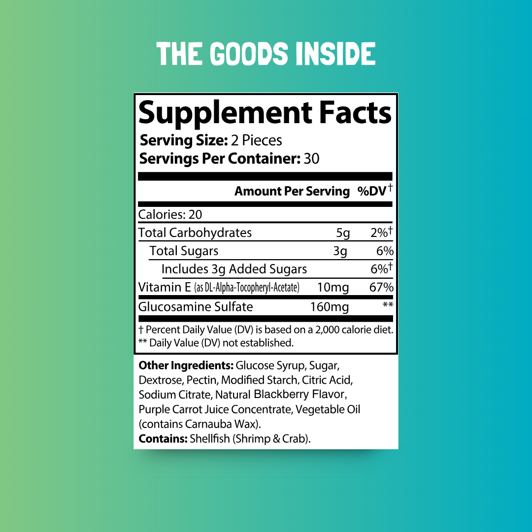 Supplement facts for Bitamino's Flexy Joints Gummies, including calories, sugars, Vitamin E, and Glucosamine.