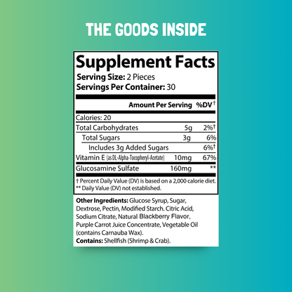 Supplement facts for Bitamino's Flexy Joints Gummies, including calories, sugars, Vitamin E, and Glucosamine.